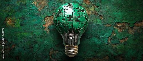 Glowing light bulb containing abstract puzzle pieces, symbol of inventive problemsolving, dark green textured background, ultradetailed and vivid conceptual illustration