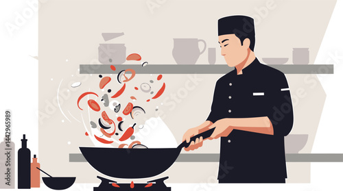 Minimalist Chef Wok Toss Vector Art