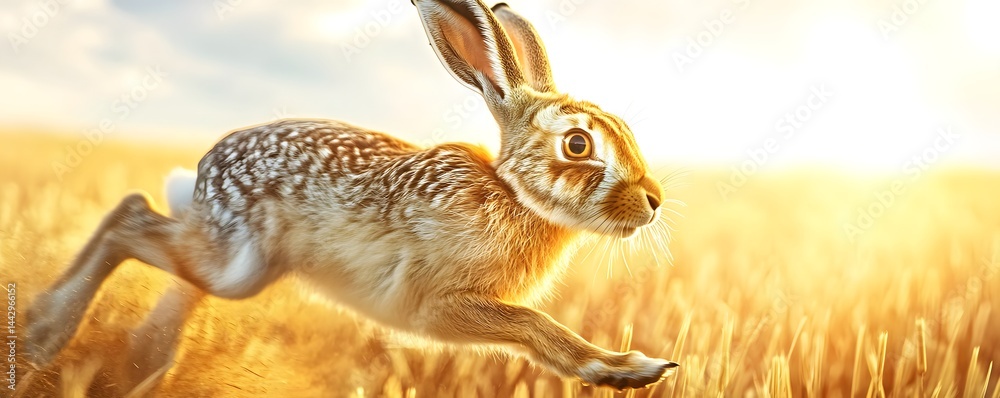 Obraz premium Hare runs through golden wheat field under the sun