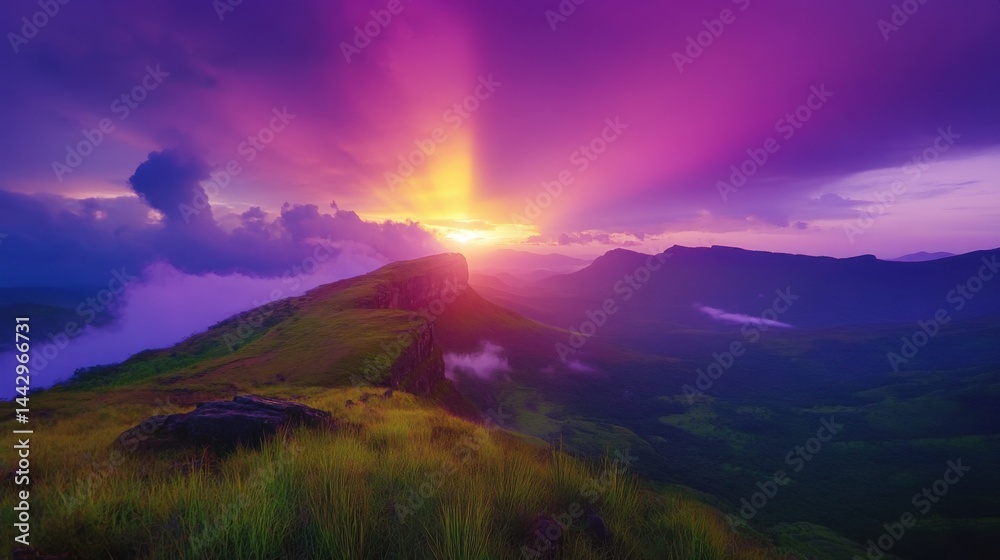 Obraz premium Sunrise over mountain ridge in nature, glowing sky and layered landscape