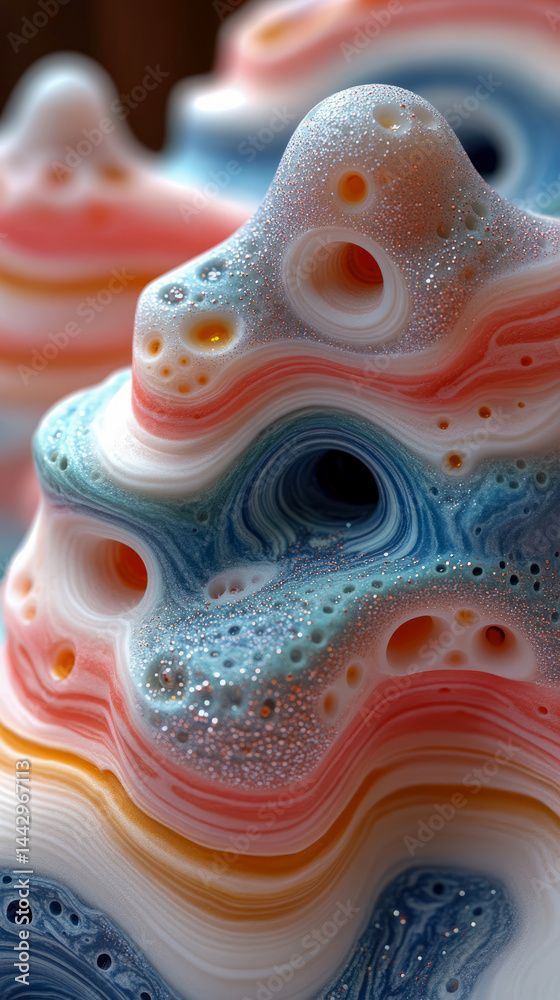 Surreal dreamscape: Layered coral formations with shimmering particles in pink, blue and white Surreal dreamscape: Layered coral formations with shimmering particles in pink, blue and white
