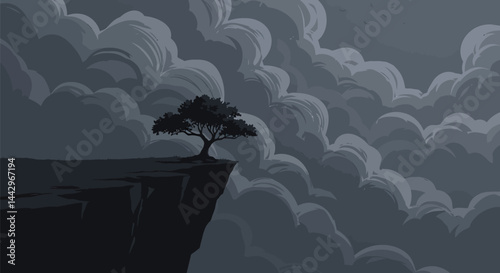 Lone Tree on Cliff, Minimalist Vector Art