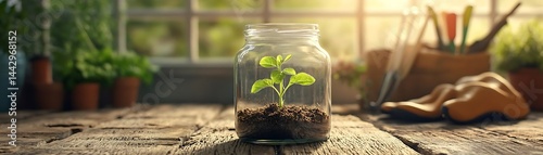 A Small Plant Sprouting in a Glass Jar on a Wooden Table - Realistic Photo