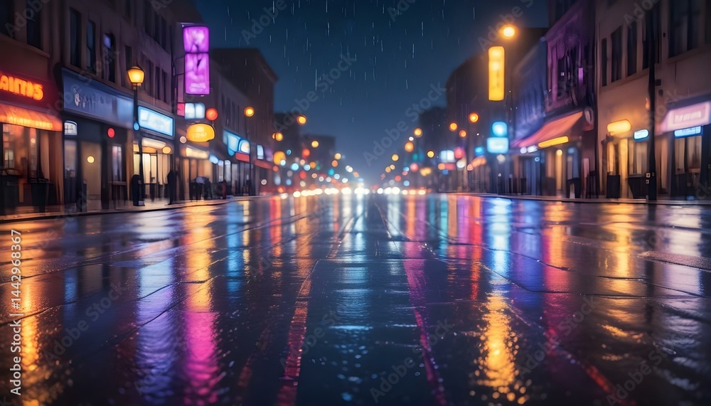 Obraz premium A stunning view of a wet street at night with neon reflections during a rainy evening.