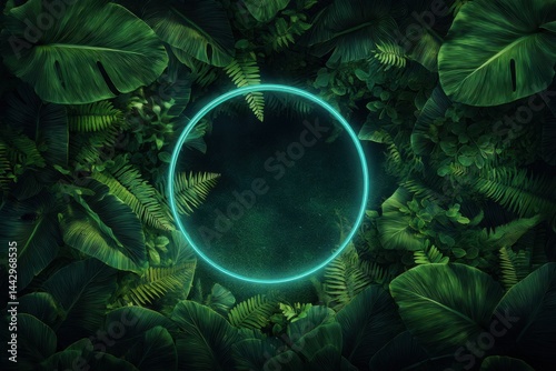 Lush tropical foliage with a vibrant neon circle inviting exploration and discovery a botanical paradise with a modern twist creating a captivating and serene atmosphere photo