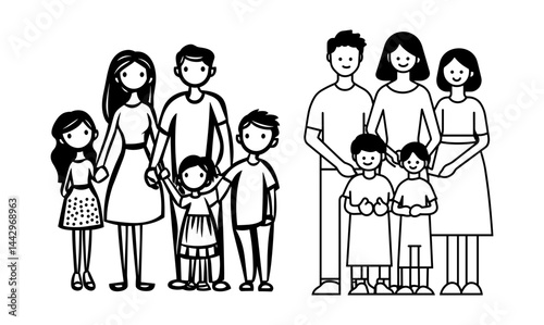 Family with children black and white line art