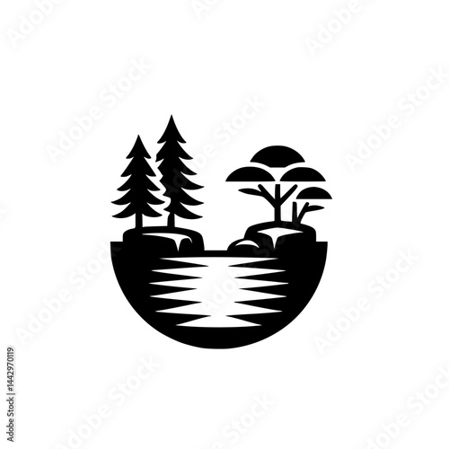 Stylized Black and White Nature Silhouette: Trees, Water, and Island Scene in Semicircle Frame