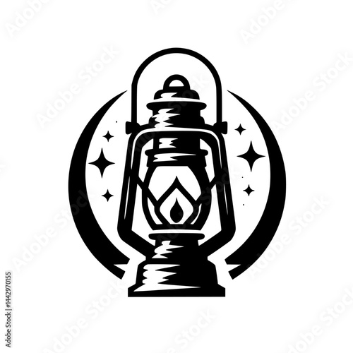Classic Black and White Graphic Icon of an Old Camping Lantern with Crescent Moon and Stars - Vintage Outdoor Adventure Emblem Illustration