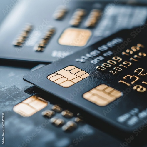 Closeup Black Credit Cards Banking Finance Payment Secure Digital chip dark gold debt loss risk     