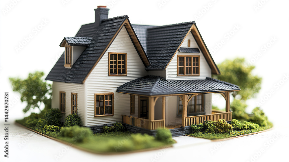 detailed model house with charming design, surrounded by greenery and welcoming porch detailed model house with charming design, surrounded by greenery and welcoming porch