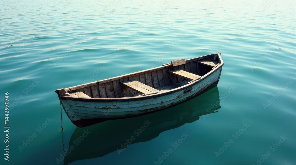 A weathered wooden rowboat gently floats on serene teal water, its aged wood reflecting the tranquil surface A weathered wooden rowboat gently floats on serene teal water, its aged wood reflecting the tranquil surface