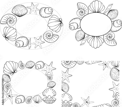 Seashells, starfish set Oval rectangle frame template for text. Vector graphic line ink illustration. Marine creatures and shells form a square frame. for package, cosmetic, textile, cards.