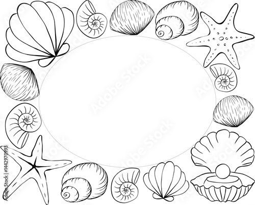 Seashells, starfish Oval rectangle frame template for text. Vector graphic line ink illustration. Marine creatures and shells form a square frame. for package, cosmetic, textile, cards.