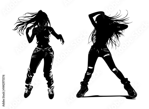 Hip hop dance girl, isolated black silhouette