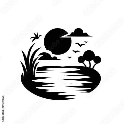 Tranquil Black White Nature Silhouette: Minimalist Lake, Sun, Birds, Trees, Reeds Graphic