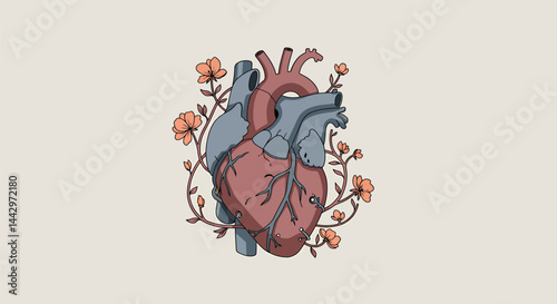 Mechanical Heart with Vines and Flowers - Tech vs Nature