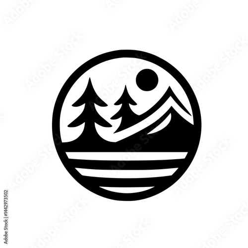 Free Download Minimalist Circular Nature Icon: Black & White Mountains, Trees, and Sun - GFXLoad