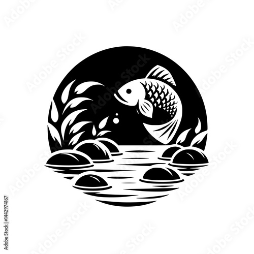 Serene Black and White Fish in Water Scene Graphic Illustration