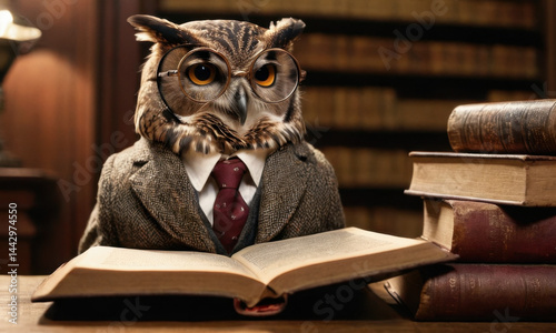 A wise owl dressed in a business attire, engrossed in a book