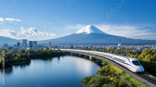 Obraz na płótnie Scenic Mount Fuji with Shinkansen Train and City Skyline in Japan w salonie