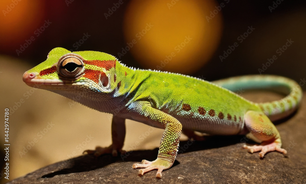 A small green lizard with vibrant red spots on its face perched on a rock, awaiting prey or basking in the sun A small green lizard with vibrant red spots on its face perched on a rock, awaiting prey or basking in the sun