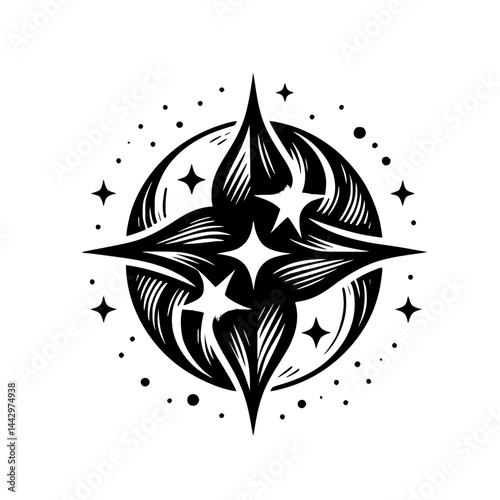 Mystical Star Compass Emblem Illustration with Cosmic Elements in Black and White