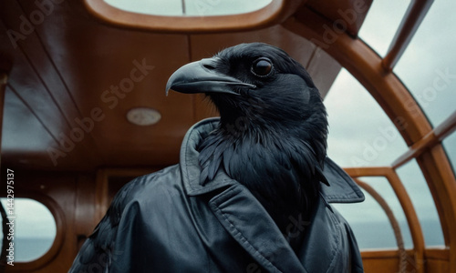 A large black bird perched on a wooden bench, looking around