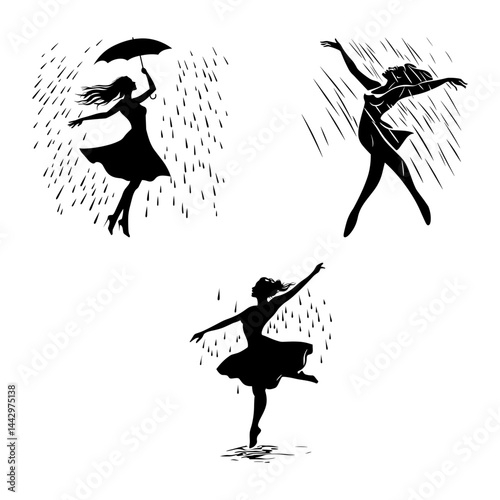 Dancing women in the rain — black silhouette vector set