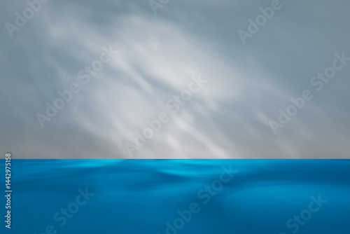 Studio background for display product. Empty room with shadows, caustics and soft lighting for product presentation. Minimalistic showcase for advertisement with gray wall and blue floor.