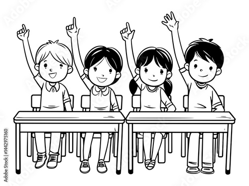 Happy children raising hands in classroom — black and white illustration