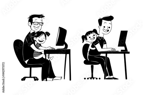 Father and daughter using a computer black and white cartoon