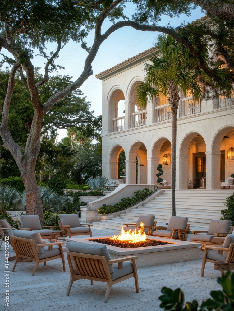 Fototapeta premium Elegant exterior evening scene of a luxurious villa with outdoor furniture and inviting fire pit