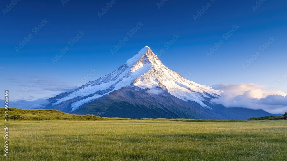 Fototapeta premium Majestic peak, pristine snow-capped mountain, vibrant blue sky, lush meadow