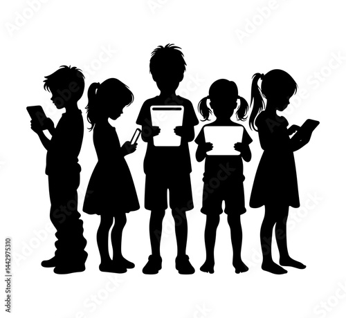 Silhouettes of Kids Using Smartphones and Tablets – Vector Illustration