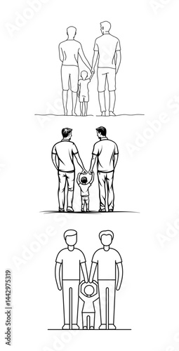 LGBTQ+ Family with Two Dads and a Child – Minimalist Black and White Line Art