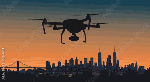 Drone Silhouette Capturing Cityscape