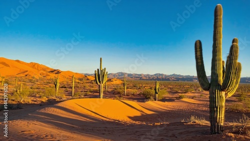 Wide desert expanse with isolated cacti under endless deep blue sky Harsh minim