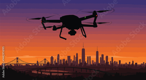 Drone Silhouette over Cityscape - Vector Art