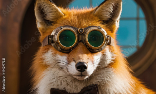 A curious red fox wearing goggles and a bow tie, ready for adventure