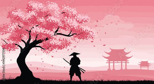 Samurai Silhouette Under Sakura Tree