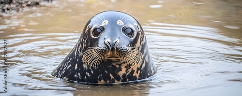 Curious spotted seal peeking out from the water surface photo