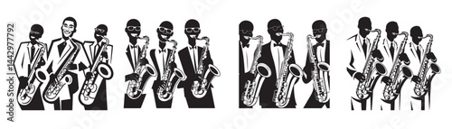 silhouette of musicians playing saxophone