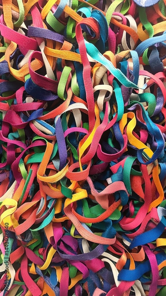 Vibrant elastic ribbons in a colorful heap creating a cheerful and playful background perfect for creative projects showcasing variety and texture in a close up shot Vibrant elastic ribbons in a colorful heap creating a cheerful and playful background perfect for creative projects showcasing variety and texture in a close up shot