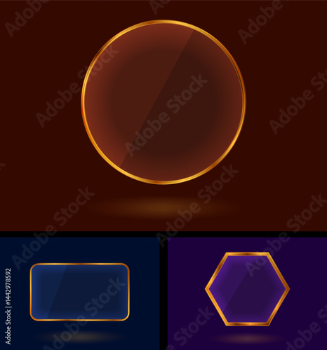 Collection of golden luxury geometrical frames with glass effect. Hexagon, circle and rectangle frameworks. Vector design