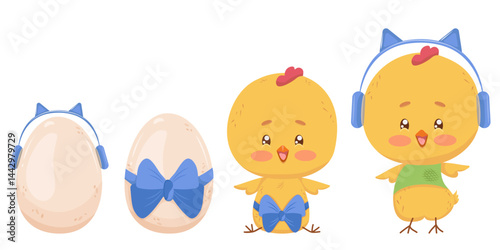 Set of isolated drawings: egg in headphones, shell with bow, newborn chicken, rooster in headphones. Vector texture patterns for holiday, interior, store design