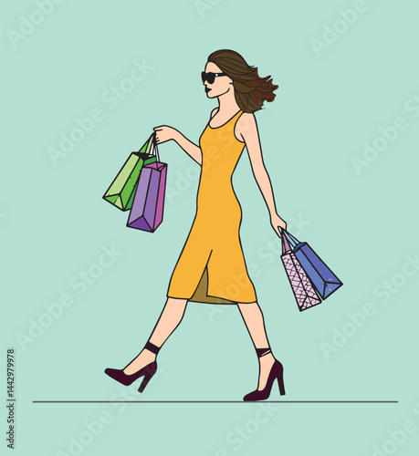Lady Walking with Shopping Bag – Vector Illustration
