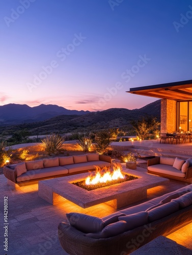 Luxurious Outdoor Living with Modern Fire Pit and Elegant Lounge Furniture at Dusk Serene Evening