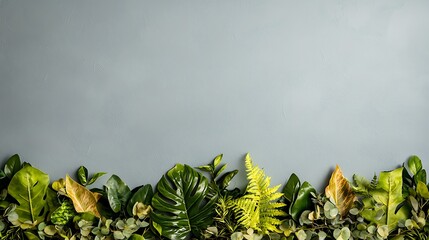 Green foliage border on gray background Dense leaves, nature