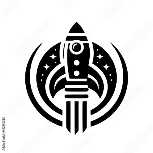 Dynamic Space Rocket Icon, Black and White Vector Illustration