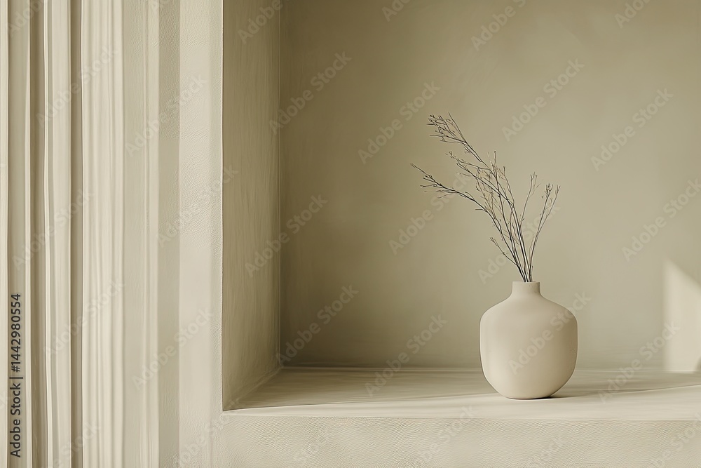 Simple vase with dried plants on a light beige shelf. Simple vase with dried plants on a light beige shelf.